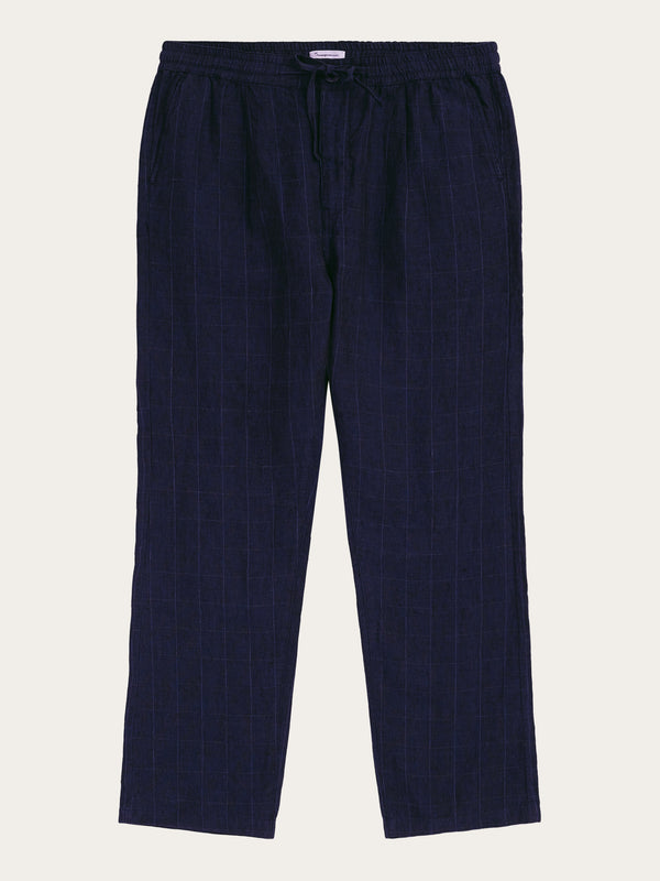 KnowledgeCotton Apparel - MEN FIG loose checked linen pants - GOTS/Vegan Pants 1412 Night Sky