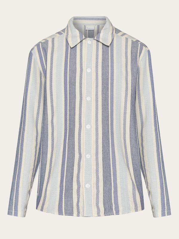 KnowledgeCotton Apparel - MEN Loose jacquard woven striped shirt - GOTS/Vegan Shirts 8021 Blue stripe