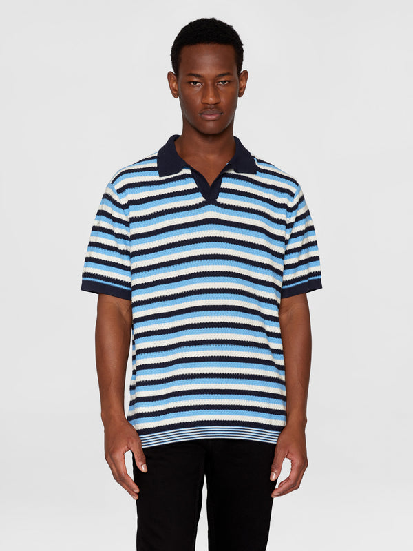 KnowledgeCotton Apparel - MEN Organic Cotton Striped Knitted Polo GOTS/Vegan Polos 8021 Blue stripe
