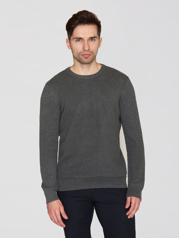 KnowledgeCotton Apparel - MEN VAGN regular bubble knit crew neck - Regenerative Organic Certified - GOTS/Vegan Knits 1073 Dark Grey Melange
